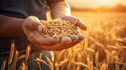 Abundance in the Fields. Farmer's Hands Holding Wheat Grains at Sunset. Nature's Bounty. The hands of a farmer close - up holding a handful of wheat grains in a wheat field - obrazy, fototapety, plakaty