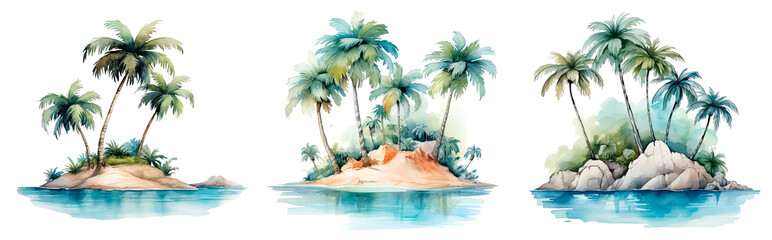 Set of watercolor cartoon a mini island with palm, isolated on transparent background - obrazy, fototapety, plakaty
