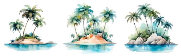 Fotobehang Set of watercolor cartoon a mini island with palm, isolated on transparent background © juliiapanukoffa