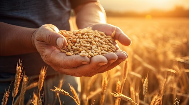 Abundance in the Fields. Farmer's Hands Holding Wheat Grains at Sunset. Nature's Bounty. The hands of a farmer close - up holding a handful of wheat grains in a wheat field