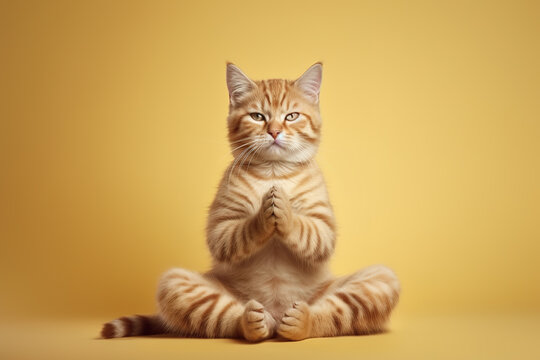 Image of cute cat doing yoga on clean background. Pet, Animals, Illustration, Generative AI.