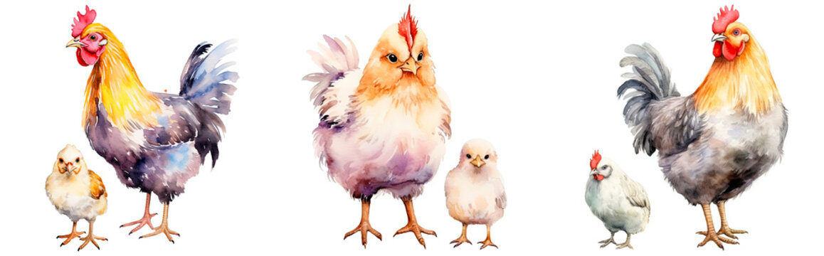 Set of watercolor chicken with chick, isolated on transparent background