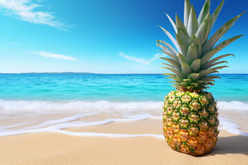 A pineapple sitting in the sand on the beach