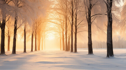 winter landscape, view of the alley in the park in the morning fog at sunrise in the rays of the...