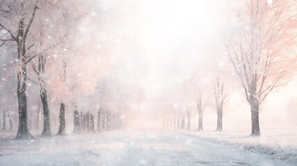 winter background, landscape in snowfall, trees in the forest nature view in cold weather, white...