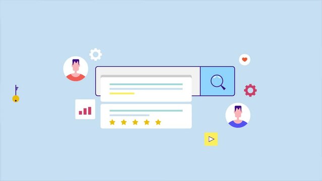 User intent search, Search engine marketing, Search engine optimization, Search bar, Search engine result page. Video animation clip.