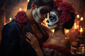 Day of Dead Couple, Dia de los Muertos, Mexican Holiday, Skull Face, Beautiful Art, Romantic Love