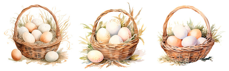 Set of watercolor white and beige eggs in a basket, isolated on transparent background