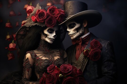 Day of Dead Couple, Dia de los Muertos, Mexican Holiday, Skull Face, Beautiful Art, Romantic Love