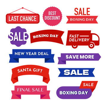 Sale tags for marketing and promotion campaign, winter discount sticker, special offer icons, payday badge, boxing day, banner, save more, cheaper price, hot item, must have, free delivery, etc.