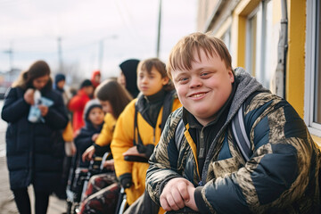 One young caucasian teen with down syndrome is smiling on the street against the background of other people. World genetic diseases day and syndrome down concept. - obrazy, fototapety, plakaty