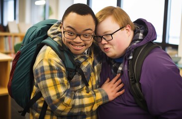 Fototapeta premium Two young teens, one of them with down syndrome, in backpacks hugging against the background of a bright room. World genetic diseases day and syndrome down concept.
