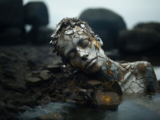 The metal statue is submerged in mud
