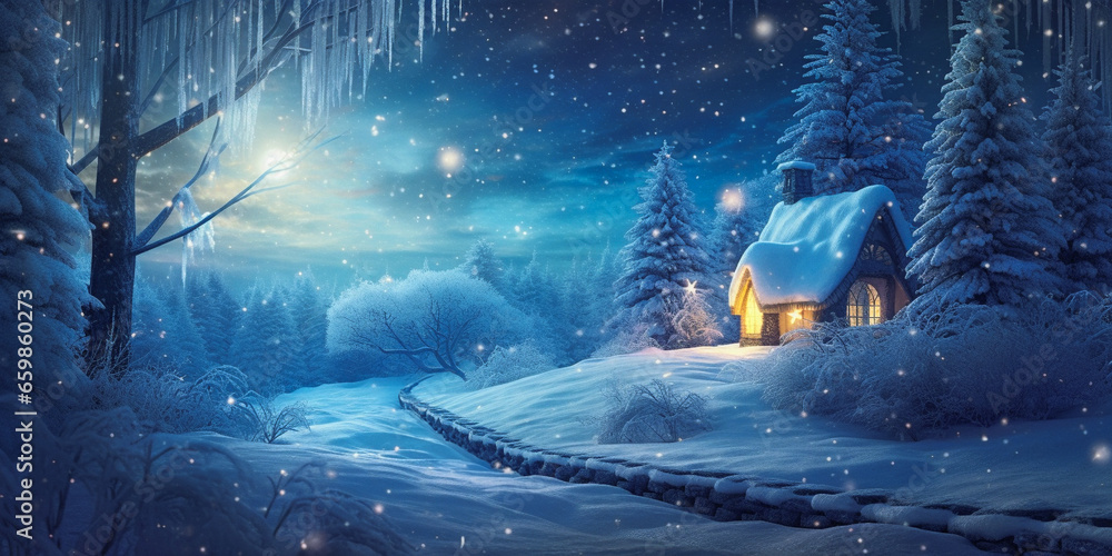 Wall mural a small fairy tale cottage in a winter snow covered forest illustration, christmas background with w