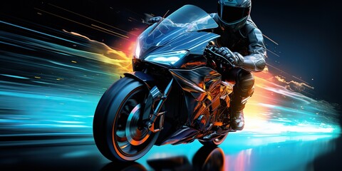 AI Generated. AI Generative. Motorbike biker rider on sport future motorcycle in motion move. Cyberpunk synthwave vibe. Graphic Art