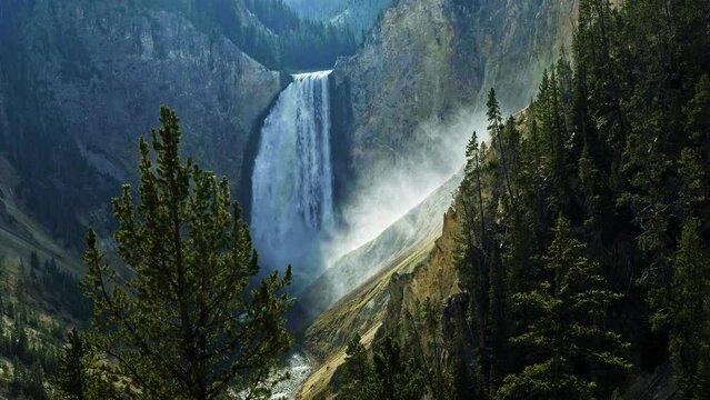 Misty Lower Falls In Yellowstone National Park - Wide Shot