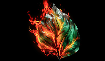 Autumn maple leaf formed by fire on dark background. Fractal concept. AI generated