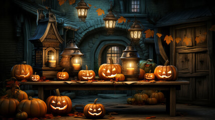 Halloween decorations. AI generation.