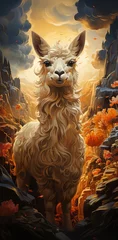  a white llama standing in front of a cave., with attention to detail in the llama's fur and the cave behind it. © wiwid