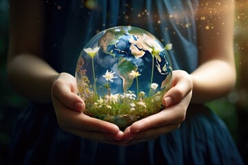 Fototapeta premium Earth crystal glass globe ball and tree in hands.