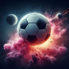 Fototapeta premium a photo realistic soccer ball as a planet in space with pink smoke and explosions, with 2 moons in the background, digital art. Generative AI. 