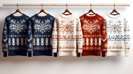 Showcase the cozy and warm textures of winter sweaters featuring classic holiday patterns like reindeer, snowflakes, and Christmas trees. Perfect for seasonal fashion and design.