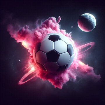 
a photo realistic soccer ball as a planet in space with pink smoke and explosions, with 2 moons in the background, digital art. Generative AI.
