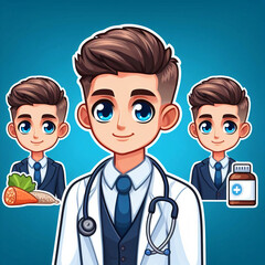 Doctor nutritionist, therapist cartoon character, in a doctor's coat, on a blue background . Generative AI.