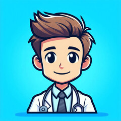 Fototapeta premium Doctor therapist cartoon character, in a doctor's coat, on a blue background. Generative AI.