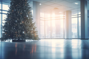 Imagen desenfocada de oficina con árbol de navidad en el hall. - obrazy, fototapety, plakaty