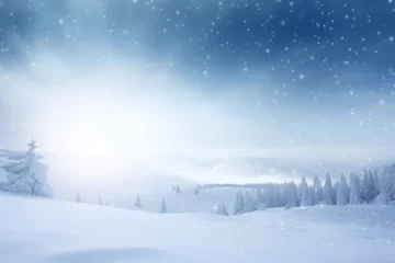 Fototapeten Imagen panorámica de paisaje natural nevado con el sol en el horizonte. © ACG Visual