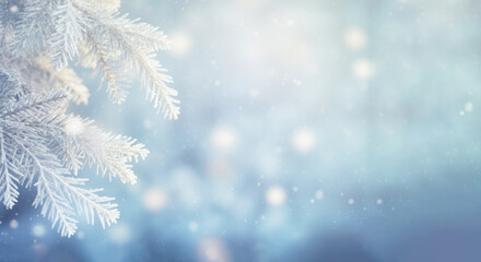 Hermosa imagen de fondo invernal de ramas de abeto cubiertas de escarcha y pequeños copos de nieve pura con espacio para texto. - obrazy, fototapety, plakaty