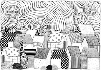 Starlight Night. Black And White Adult Coloring Book Page. Doodle. Zentangle.
