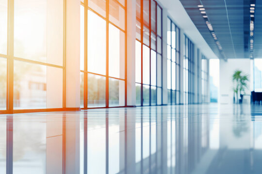 Fondo difuminado desenfocado de un interior de oficina moderna con ventanas panor&aacute;micas y una iluminaci&oacute;n hermosa.