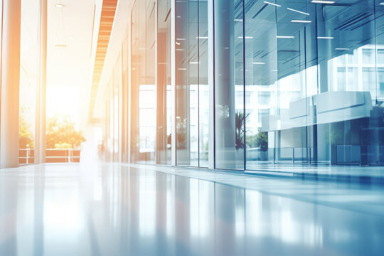 Fondo difuminado desenfocado de un interior de oficina moderna con ventanas panor&aacute;micas y una iluminaci&oacute;n hermosa.