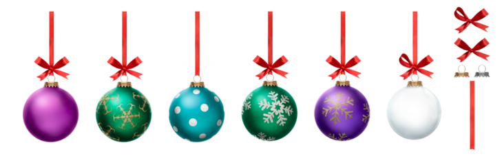 A collection of blue, purple, green and clear Christmas baubles hanging from red ribbon and bow with snowflake glitter patterns on them isolated against a transparent background