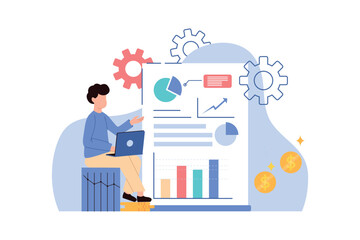Businessman with laptop analyzing data graphs to inform financial report monitoring statistics and investment business concept illustration