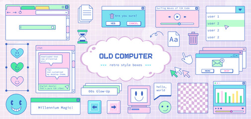Retro Y2K Digital Interface. Old Computer Desktop Design with Pastel Aesthetic, 90s Computer Graphics, Old-School Icons, and 2000s Nostalgia Elements.