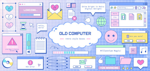Y2K Computer Elements Collection. Vintage PC Interface with Groovy Colors! Retro Folders, PC Windows, Buttons and UI in Cartoon Design. Perfect for Print Cards, Posters, and Retro Design Concepts.	