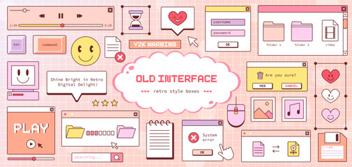 Mega Collection Pack of Y2K Old PC Computer Elements. Retro Pink Orange Groovy Colors, 90s and 2000s Aesthetics and Vintage Vector UI Interface - forms, windows, frames, cursors, text boxes, folders. - obrazy, fototapety, plakaty