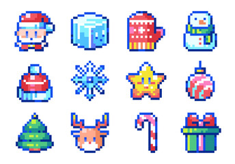 Pixel Art Retro Christmas Set. 8bit retro style vintage Santa Claus, Ice Cube Character, Mitten, Snowman, Santa Hat, Snowflake, Star, Decoration Toy, Tree, Deer, Candy Cane, Gift Box.