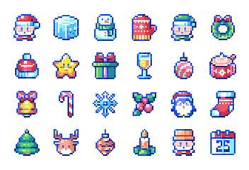Pixel Art Christmas Icons. 8 bit style stickers of Pixelated Winter Holidays Elements - Santa Claus, Snowman, Mitten, Elf, Star, Santa Hat, Gift, Bells, Candy Cane, Snowflake, Xmas Tree, Reindeer.