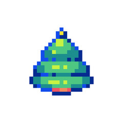 Pixel Art Christmas Tree. Retro 8 bit Style Merry Christmas and Happy New Year Winter Holidays Illustration. Ideal for Sticker, Retro Decorative Element, Game Asset, Emoji, Patch.	