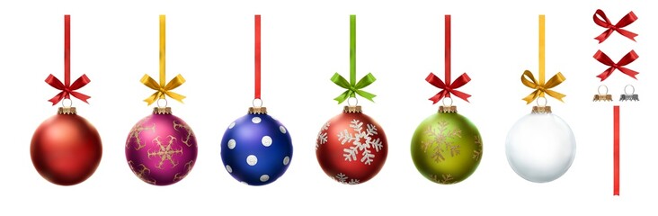 A collection of blue, red, green and clear Christmas baubles hanging from ribbon and bow with...