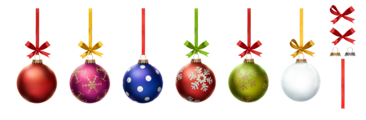 A collection of blue, red, green and clear Christmas baubles hanging from ribbon and bow with snowflake glitter patterns on them isolated against a transparent background