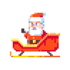 Pixel Art Santa on his Sleigh. Retro 8 bit Style Merry Christmas and Happy New Year Winter Holidays Illustration. Ideal for Sticker, Retro Decorative Element, Game Asset, Emoji, Patch.	