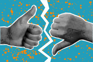Halftone collage banner with like and dislike gestures on a bright background. Thumbs up, thumbs down, reaction in pop art retro style.