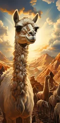 Deurstickers a llama in the desert is a beautiful, the llama's fur is a soft brown color, and its eyes are large and expressive. © wiwid
