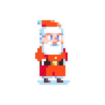 Pixel Art Santa Claus. Retro 8 bit Style Merry Christmas and Happy New Year Winter Holidays Character Illustration. Ideal for Sticker, Retro Decorative Element, Game Asset, Emoji, Patch or Avatar.	