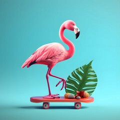 A pink flamingo standing on a skateboard, a turquoise background